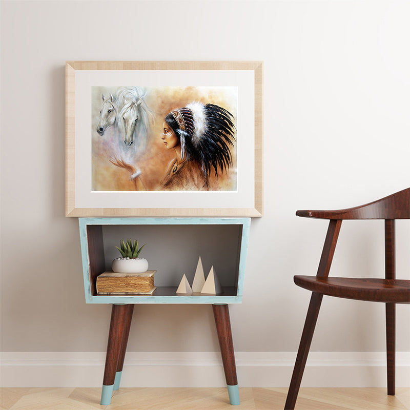 Vivolux | Canvas Textuur Muurkunst Moderne Indische Vrouw und Pferd Gemälde in Orange und Weiß