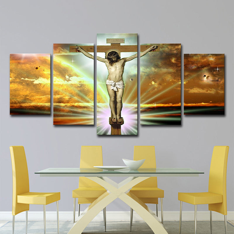 Vivolux | Religion Wandkunst Orange Leinwand die Kreuzigung und Tod von Jesus Gemälde, mehrere Teile