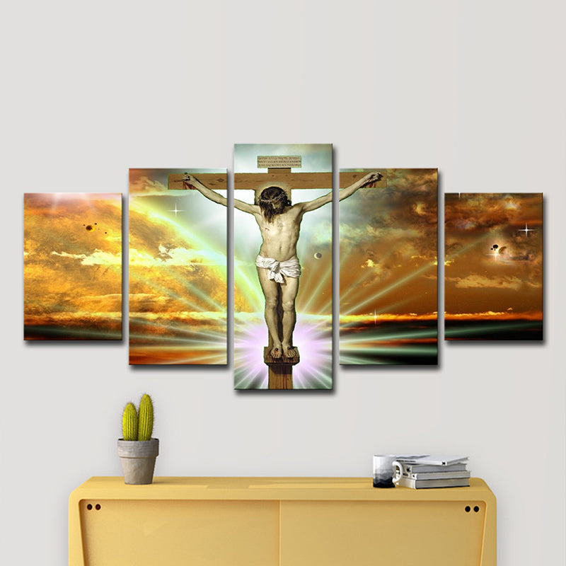 Vivolux | Religion Wandkunst Orange Leinwand die Kreuzigung und Tod von Jesus Gemälde, mehrere Teile