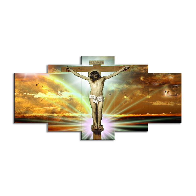 Vivolux | Religion Wandkunst Orange Leinwand die Kreuzigung und Tod von Jesus Gemälde, mehrere Teile