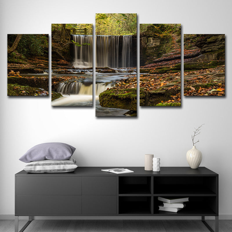 Vivolux | Wald Cascade Landschaft Wandkunst auf braunem Canvas Gemachte Wanddekoration, Mehrteilig