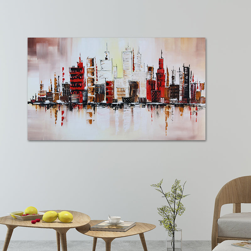 Vivolux | Riverside Metropolis Schilderij Leinwand für Hotel Landschaft Wandkunst in Rot, Strukturiert
