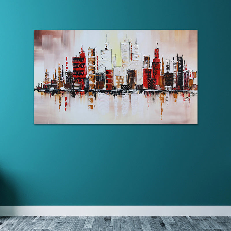 Vivolux | Riverside Metropolis Schilderij Leinwand für Hotel Landschaft Wandkunst in Rot, Strukturiert