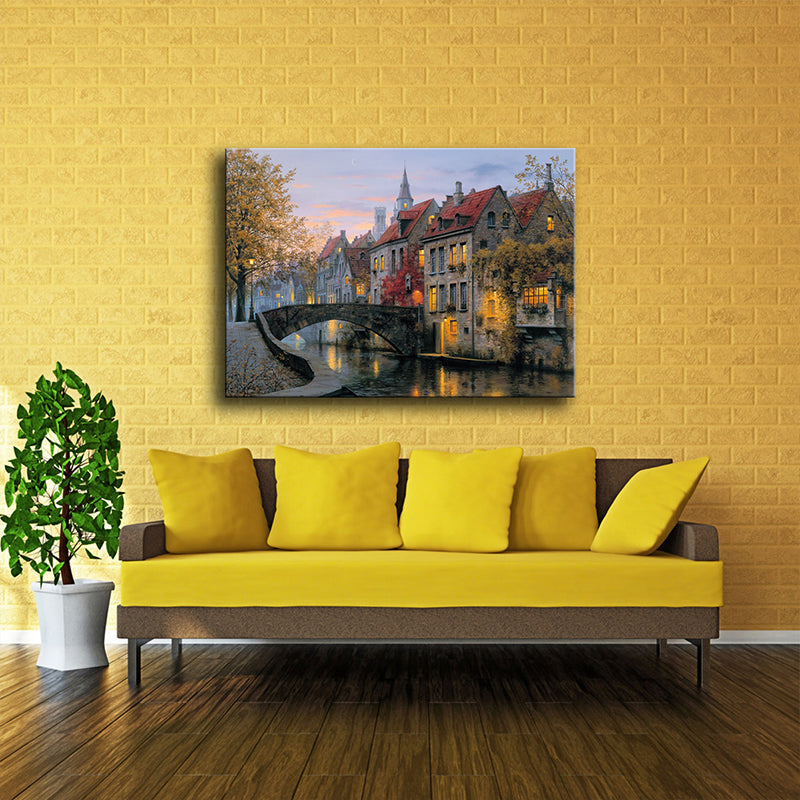 Vivolux | Rote Herbstlandschaft Malerei Brücke zu Häusern Moderne Texturierte Leinwand Wandkunst für Zuhause