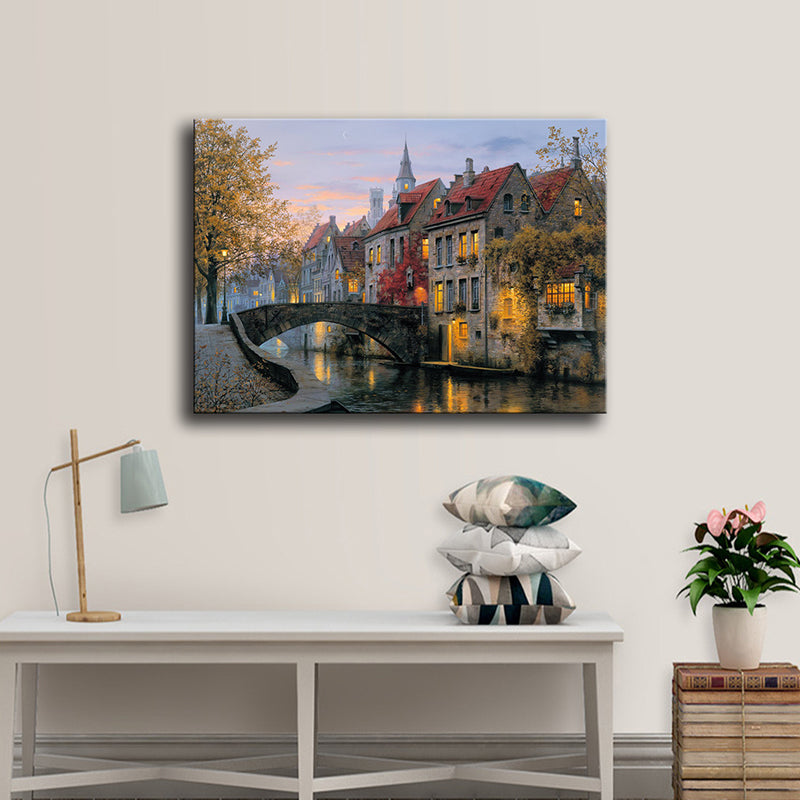 Vivolux | Rote Herbstlandschaft Malerei Brücke zu Häusern Moderne Texturierte Leinwand Wandkunst für Zuhause