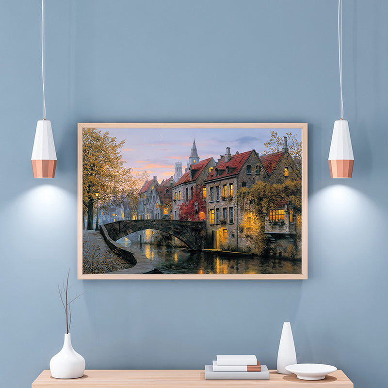 Vivolux | Rote Herbstlandschaft Malerei Brücke zu Häusern Moderne Texturierte Leinwand Wandkunst für Zuhause