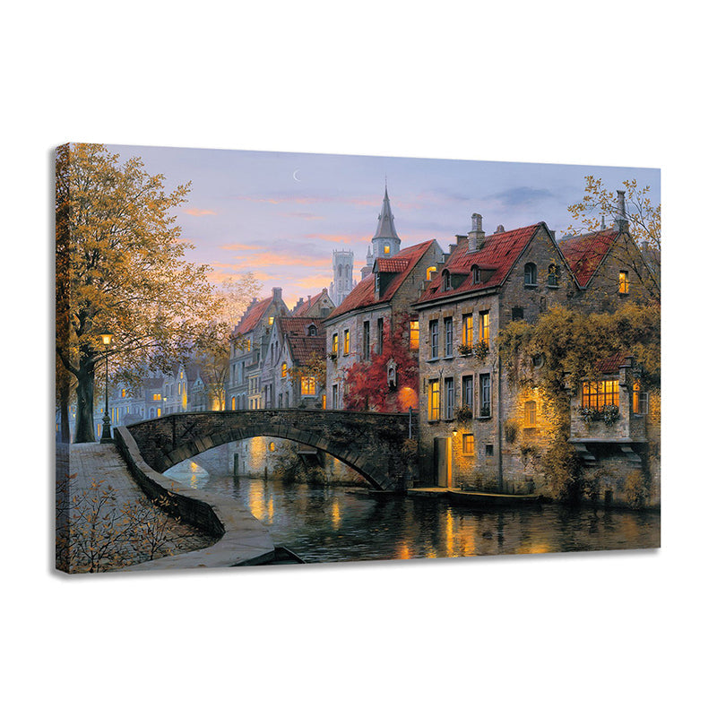 Vivolux | Rote Herbstlandschaft Malerei Brücke zu Häusern Moderne Texturierte Leinwand Wandkunst für Zuhause