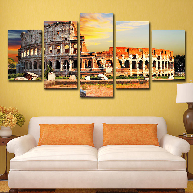 Vivolux | Oranje Colosseum Zonsondergang Landschap Canvas Multi-Stuk Wereldwijs Geïnspireerde Parlor Muurkunst
