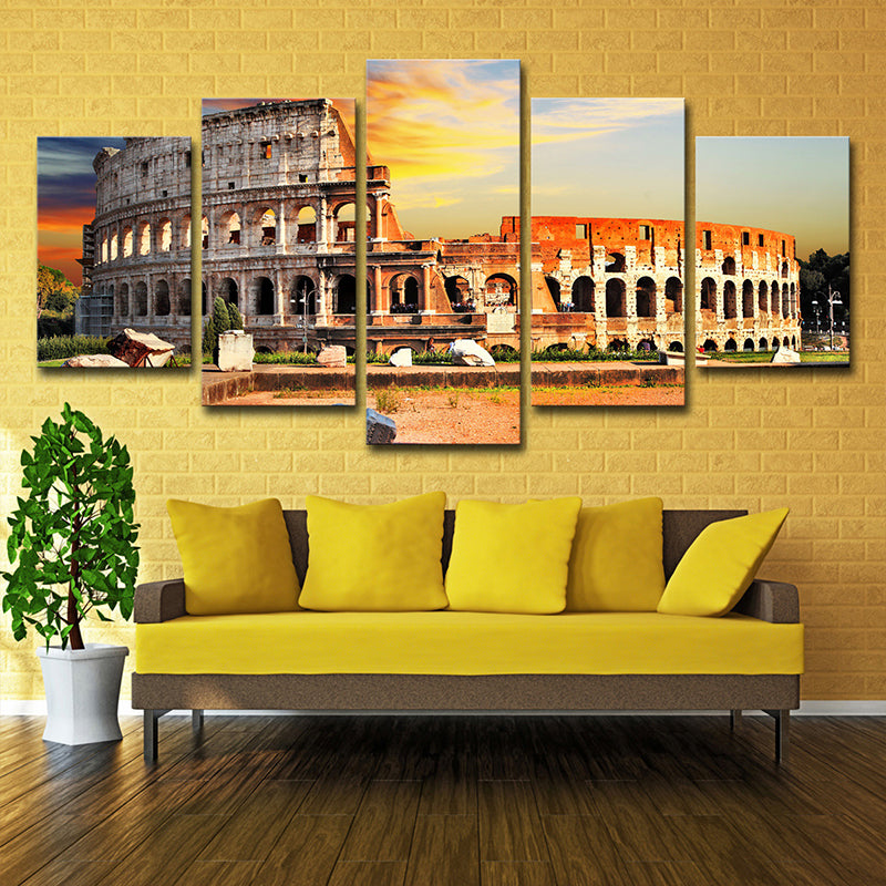Vivolux | Oranje Colosseum Zonsondergang Landschap Canvas Multi-Stuk Wereldwijs Geïnspireerde Parlor Muurkunst