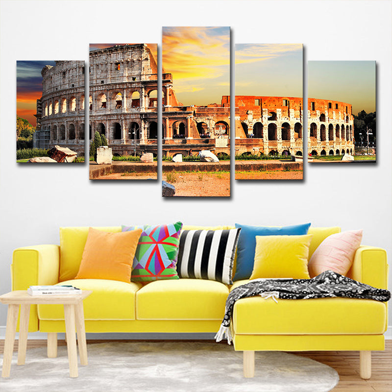 Vivolux | Oranje Colosseum Zonsondergang Landschap Canvas Multi-Stuk Wereldwijs Geïnspireerde Parlor Muurkunst