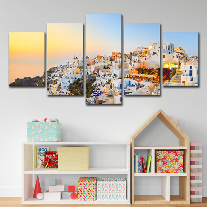 Vivolux | Santorini eiland zonsondergang landschap canvas witte wereld geïnspireerde wandkunst voor slaapkamer