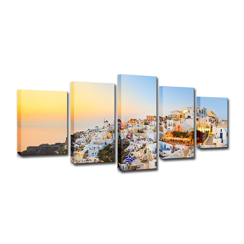 Vivolux | Santorini eiland zonsondergang landschap canvas witte wereld geïnspireerde wandkunst voor slaapkamer