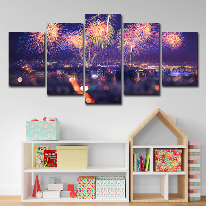 Vivolux | Vuurwerk Canvas Print Modernisme Prachtig Stedelijk Nachtscène Muurdecoratie in Paars