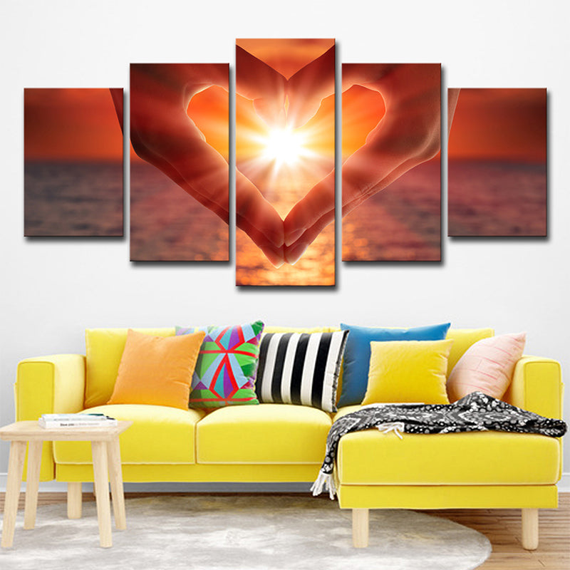 Vivolux | Zonsondergang Hart Handen Wandkunst Print Modernistisch Multi-Stuk Canvas in Bruin voor Slaapkamer