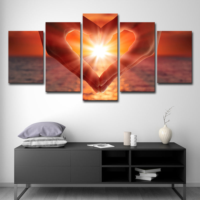 Vivolux | Zonsondergang Hart Handen Wandkunst Print Modernistisch Multi-Stuk Canvas in Bruin voor Slaapkamer