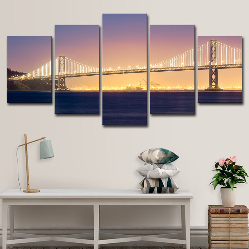 Vivolux | Sea Bridge Nachtsicht Leinwandkunst Orange und Lila Zeitgenössische Wanddekoration für das Zuhause