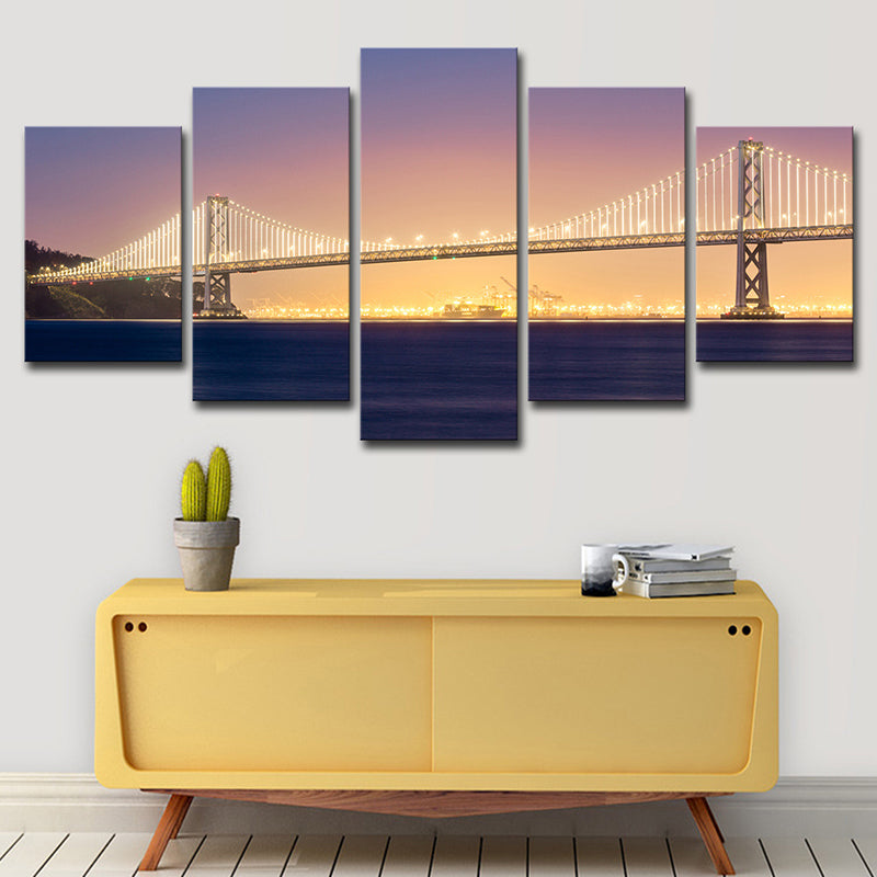 Vivolux | Sea Bridge Nachtsicht Leinwandkunst Orange und Lila Zeitgenössische Wanddekoration für das Zuhause