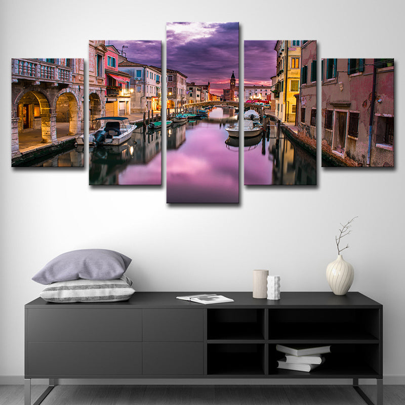 Vivolux | Venice Town Canvas Print Globaal Geïnspireerd Adembenemende Avondglans Wandkunst in Paars