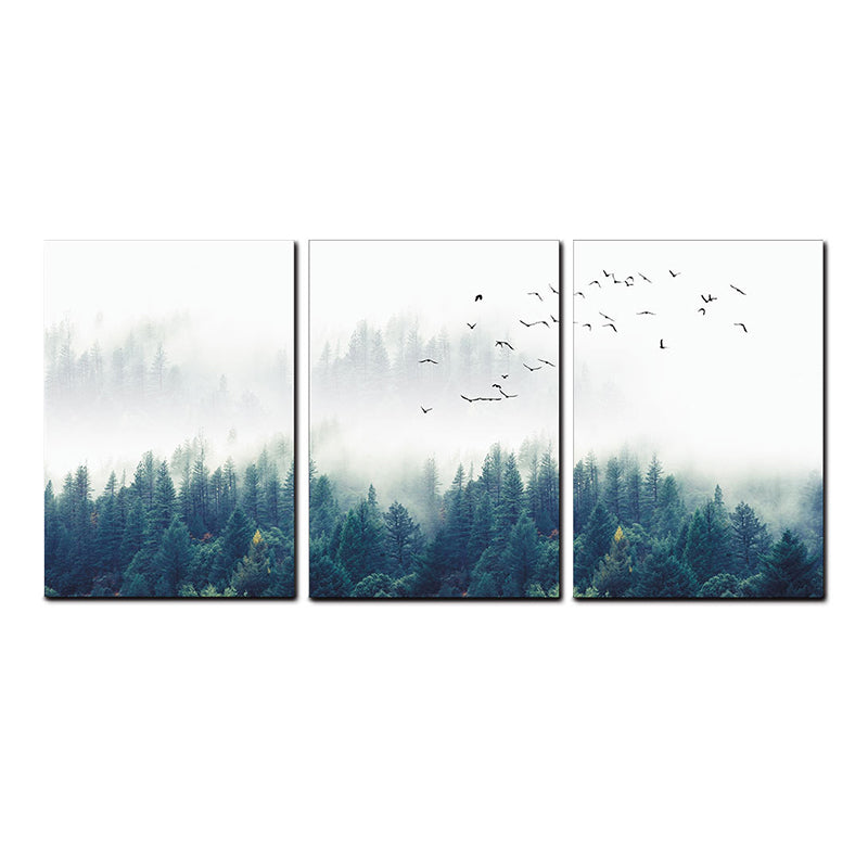 Vivolux | Textured Groene Canvas Print Moderne Vogels Zwijgen Vliegen over Mistige Bos Wanddecoratie Set