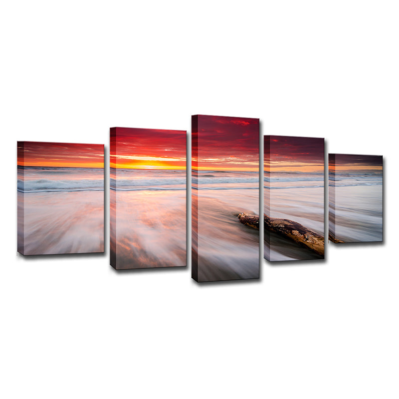 Vivolux | Orange Twilight am Strand Leinwand Seascape Moderne Multi-Teil Wandkunstdruck für Schlafzimmer