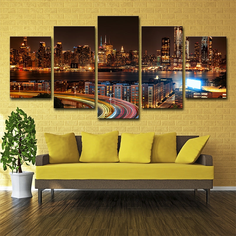 Vivolux | Urbane Wanddekoration Braune New York City Nachtlandschaft Leinwand Wandkunst für Wohnzimmer
