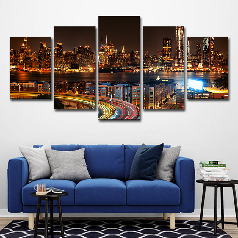 Vivolux | Urbane Wanddekoration Braune New York City Nachtlandschaft Leinwand Wandkunst für Wohnzimmer