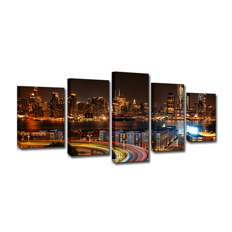 Vivolux | Urbane Wanddekoration Braune New York City Nachtlandschaft Leinwand Wandkunst für Wohnzimmer
