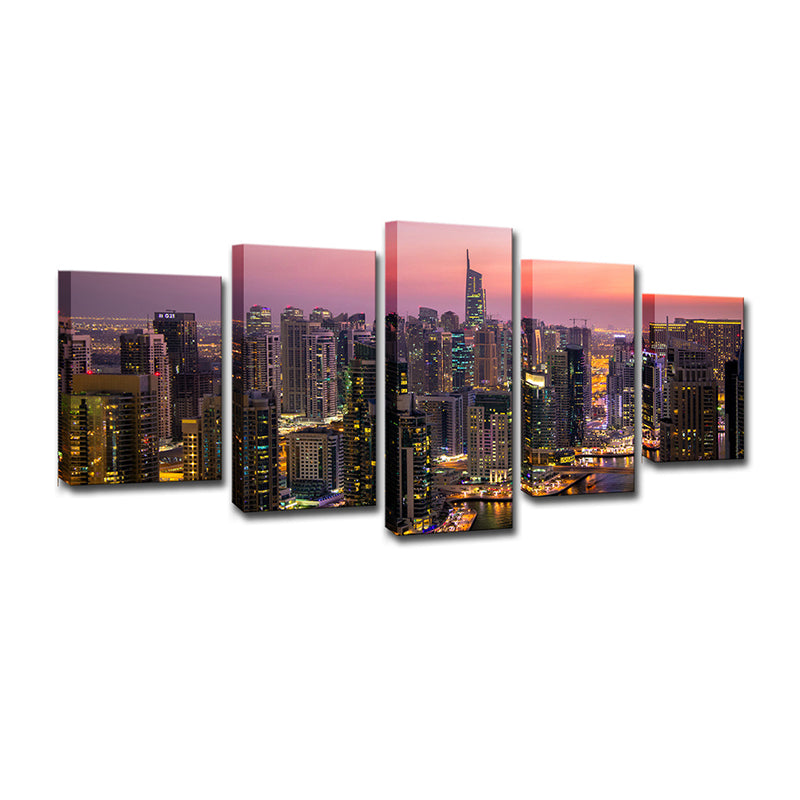 Vivolux | Urban Dubai Nacht Stadtlandschaften Leinwand Lila Mehrteilige Wandkunst für Flur
