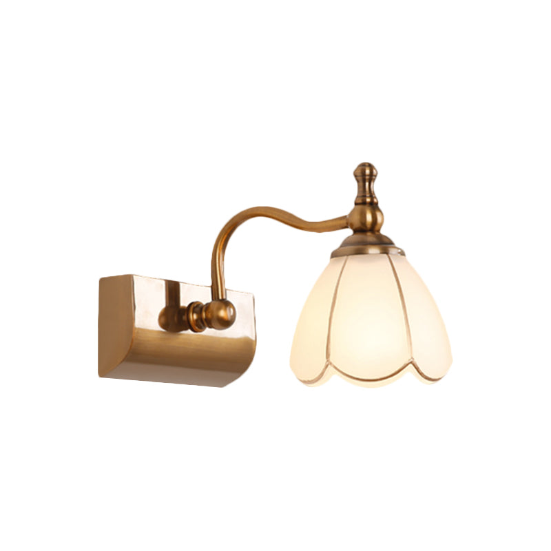 Vivolux | Weißes Glas Messing Vanity Lampe Scalloped 1/2-Licht Rustikaler Stil Wandmontage Beleuchtung mit Gebogenem Arm