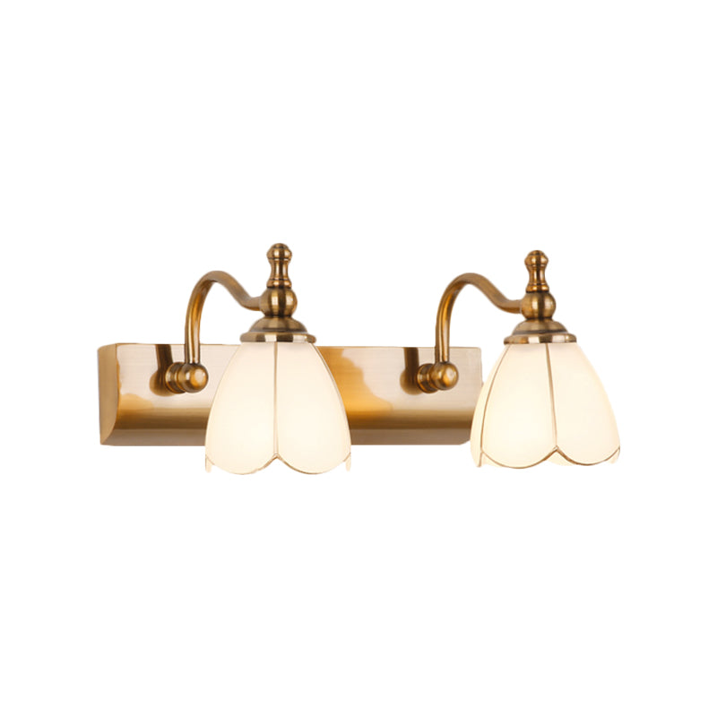 Vivolux | Weißes Glas Messing Vanity Lampe Scalloped 1/2-Licht Rustikaler Stil Wandmontage Beleuchtung mit Gebogenem Arm