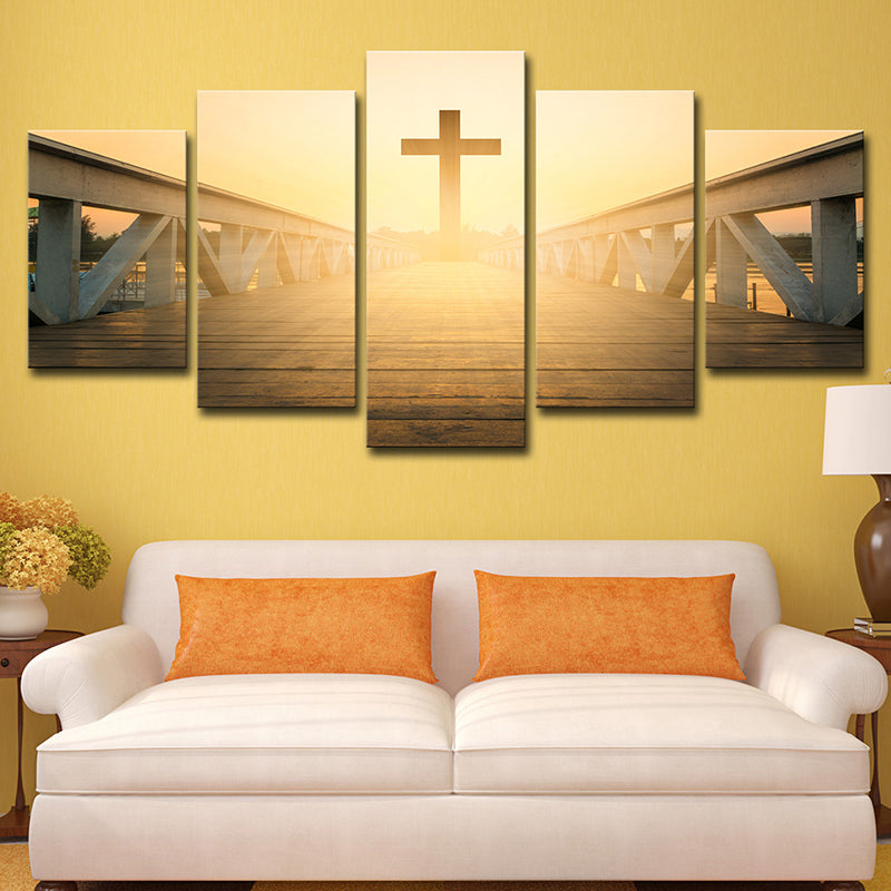 Vivolux | Religiöse Wandkunst Moderne bezaubernde Brücke zum Kreuz bei Sonnenuntergang Leinwand in Gelb