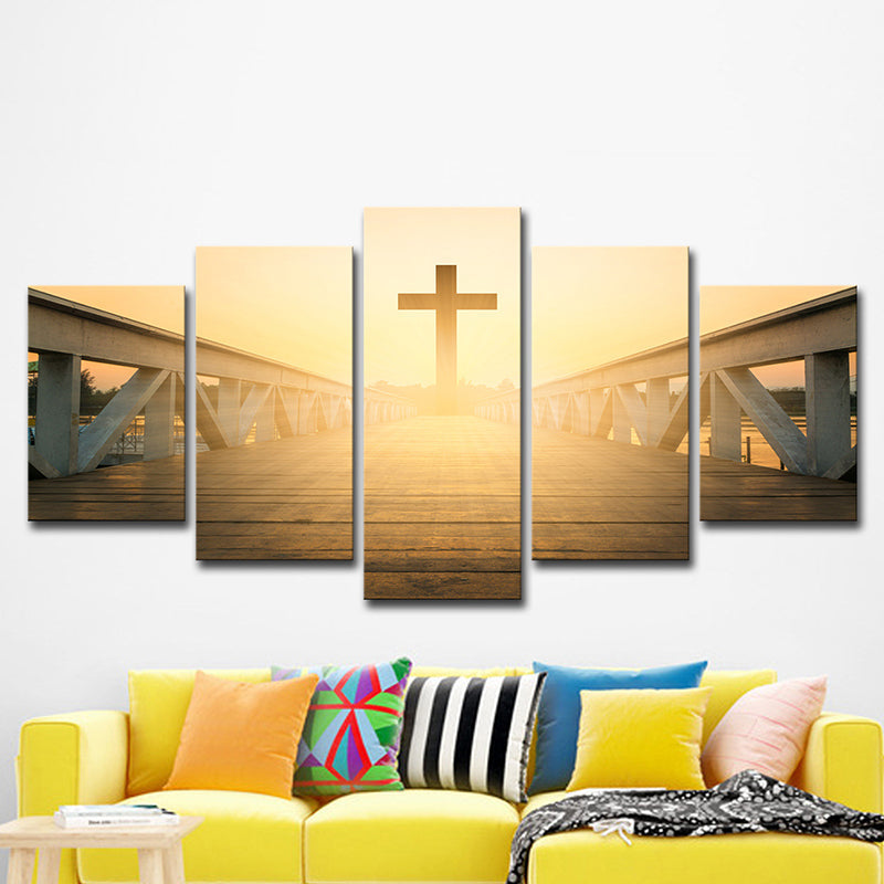Vivolux | Religiöse Wandkunst Moderne bezaubernde Brücke zum Kreuz bei Sonnenuntergang Leinwand in Gelb