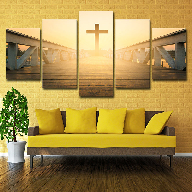Vivolux | Religiöse Wandkunst Moderne bezaubernde Brücke zum Kreuz bei Sonnenuntergang Leinwand in Gelb