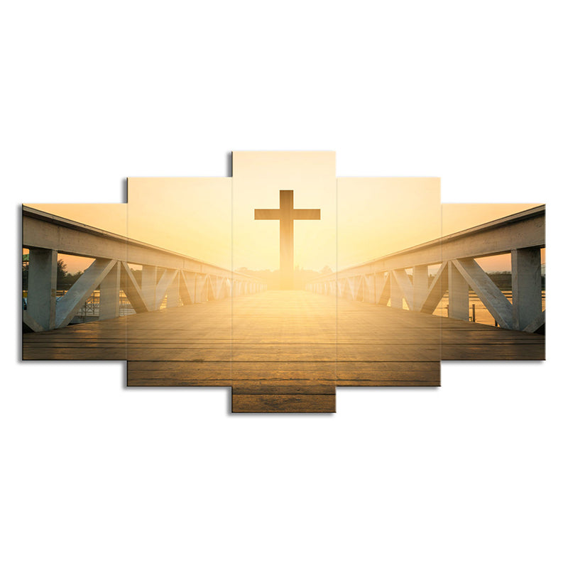 Vivolux | Religiöse Wandkunst Moderne bezaubernde Brücke zum Kreuz bei Sonnenuntergang Leinwand in Gelb