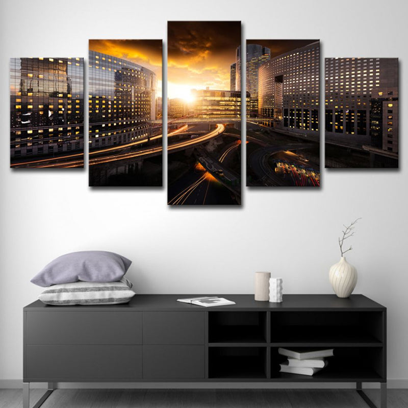 Vivolux | Urban Sunset Stadtansicht Wandkunst Schwarz und Gold Mehrteiliges Leinwanddruck für Zuhause