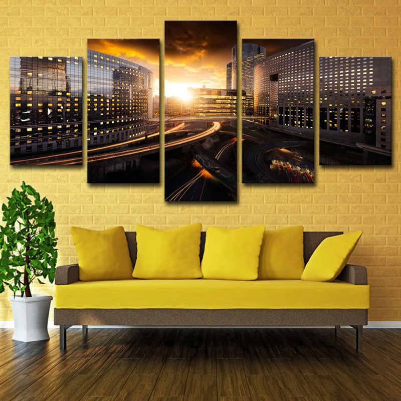 Vivolux | Urban Sunset Stadtansicht Wandkunst Schwarz und Gold Mehrteiliges Leinwanddruck für Zuhause