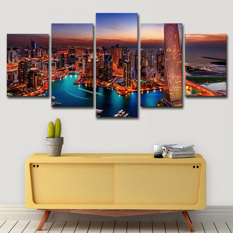 Vivolux | Oranje Dubai Nacht Scene Canvas Multi-Stuk Wereldwijd Geïnspireerde Huiskamer Wandkunst