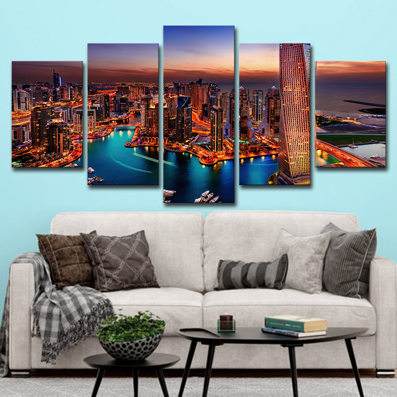 Vivolux | Oranje Dubai Nacht Scene Canvas Multi-Stuk Wereldwijd Geïnspireerde Huiskamer Wandkunst