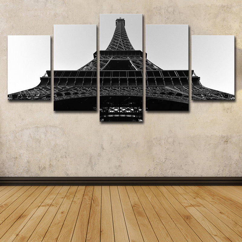 Vivolux | Schwarze global inspirierte Wandkunst Leinwanddruck Blick nach oben auf den Eiffelturm für das Wohnzimmer