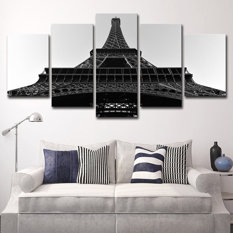 Vivolux | Schwarze global inspirierte Wandkunst Leinwanddruck Blick nach oben auf den Eiffelturm für das Wohnzimmer