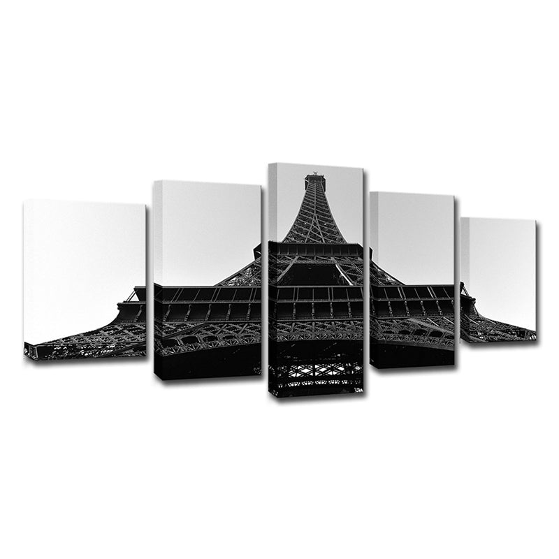 Vivolux | Schwarze global inspirierte Wandkunst Leinwanddruck Blick nach oben auf den Eiffelturm für das Wohnzimmer
