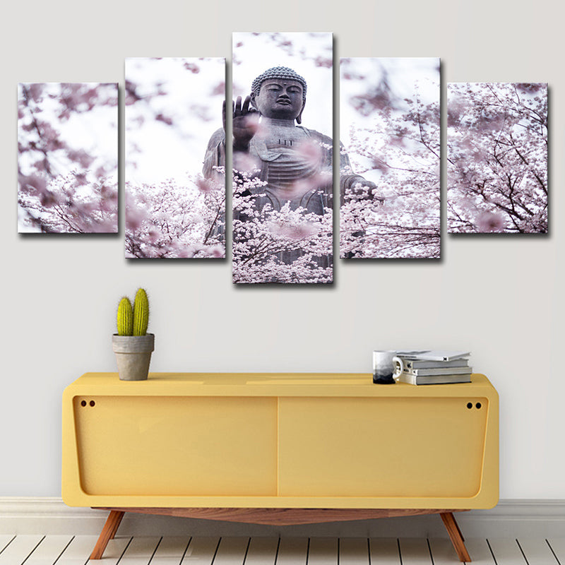 Vivolux | Rosa Moderne Wanddekore Buddhistisch mit Kirschblüten Leinwand Kunst für Wohnzimmer