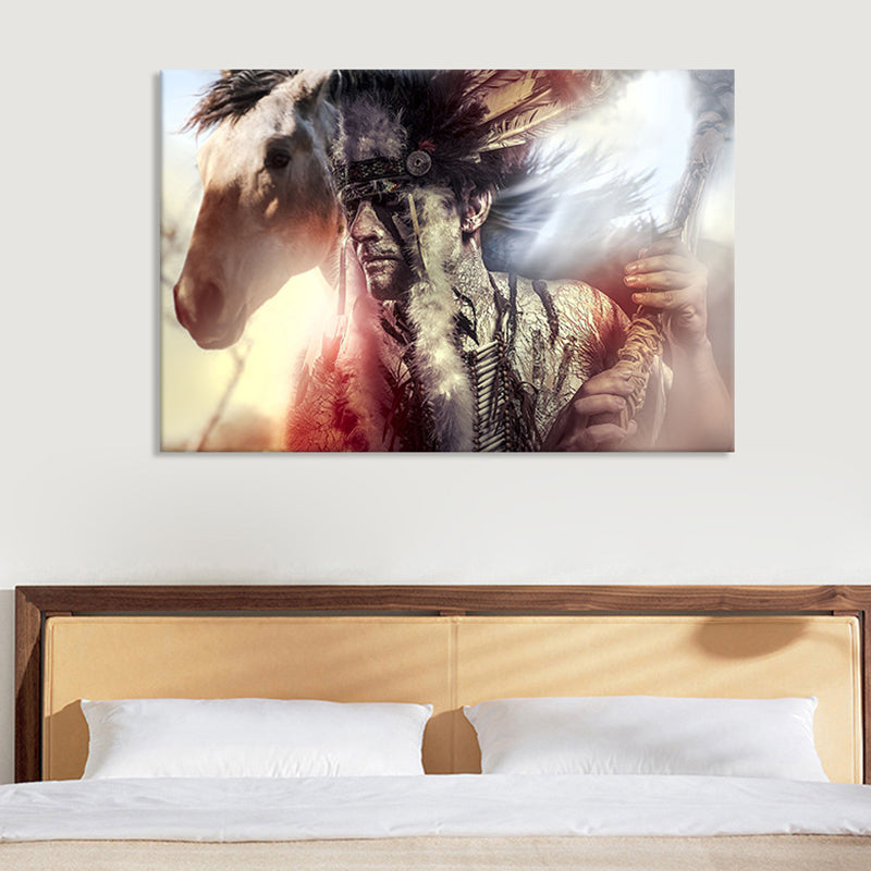 Vivolux | Schwarze zeitgenössische Leinwandkunst Indischer Mann und sein Pferd Wanddekoration für das Wohnzimmer