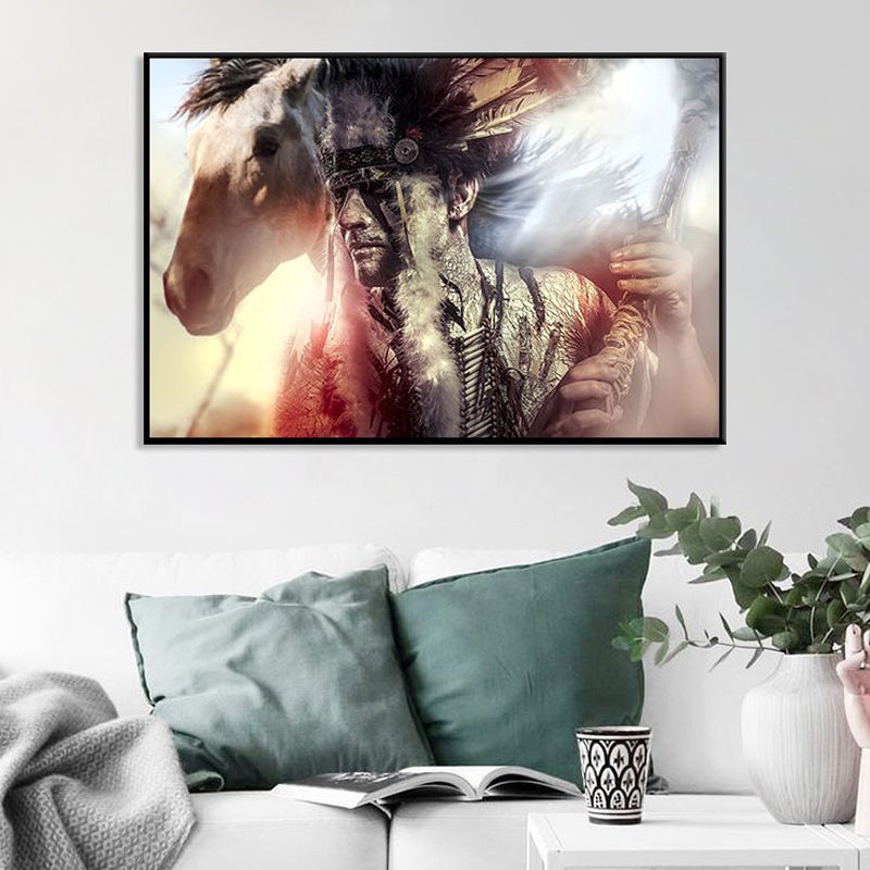 Vivolux | Schwarze zeitgenössische Leinwandkunst Indischer Mann und sein Pferd Wanddekoration für das Wohnzimmer