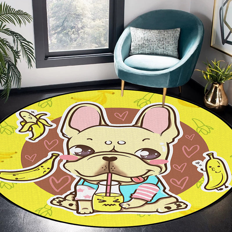 Vivolux | Schöner Kinderteppich in Pink und Gelb Tier Hund Banane Ballon Muster Teppich Polyester Waschbar Teppich für das Kinderzimmer