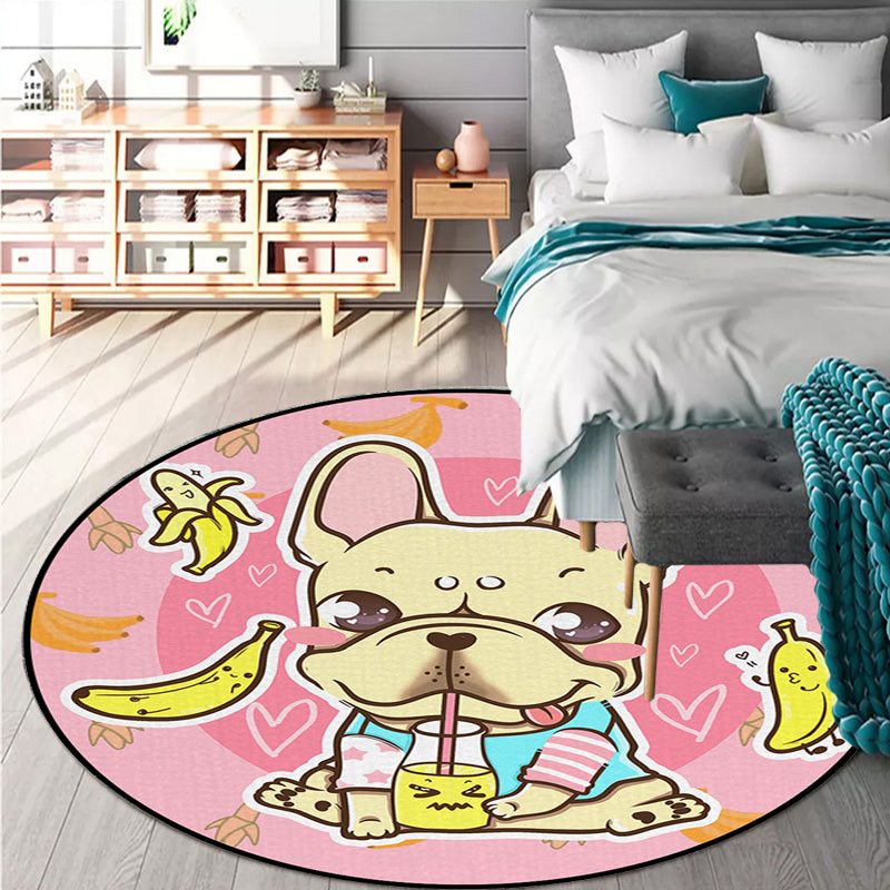 Vivolux | Schöner Kinderteppich in Pink und Gelb Tier Hund Banane Ballon Muster Teppich Polyester Waschbar Teppich für das Kinderzimmer