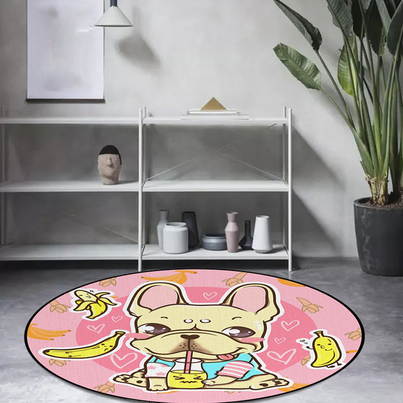 Vivolux | Schöner Kinderteppich in Pink und Gelb Tier Hund Banane Ballon Muster Teppich Polyester Waschbar Teppich für das Kinderzimmer