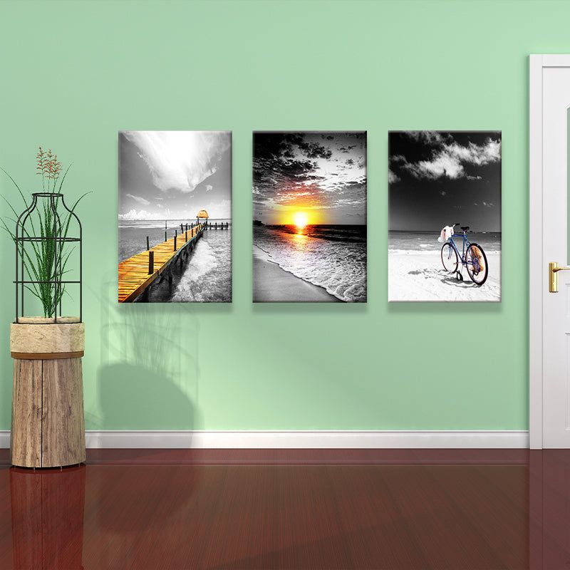 Vivolux | Tropix Strand Seascape Wandkunst Set Grau und Gelb Texturiertes Canvas für Hausinterieur