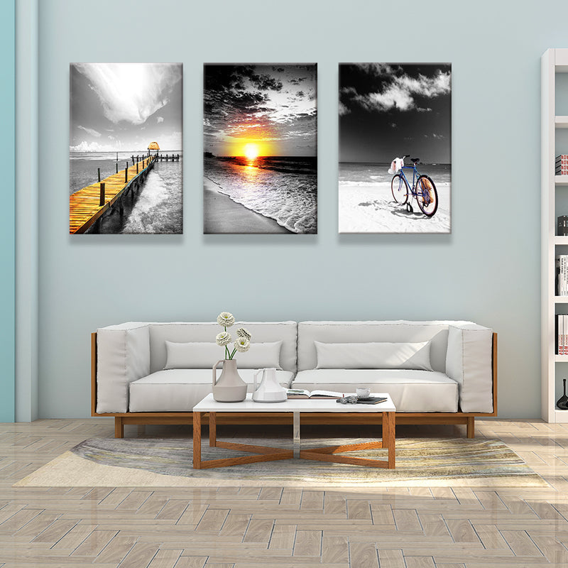 Vivolux | Tropix Strand Seascape Wandkunst Set Grau und Gelb Texturiertes Canvas für Hausinterieur