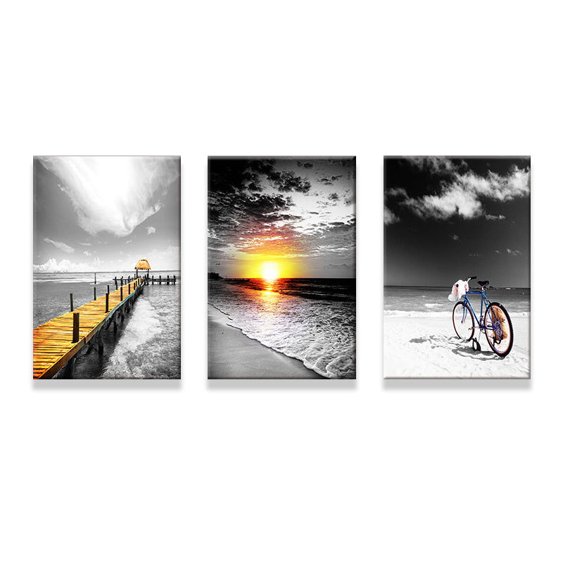 Vivolux | Tropix Strand Seascape Wandkunst Set Grau und Gelb Texturiertes Canvas für Hausinterieur